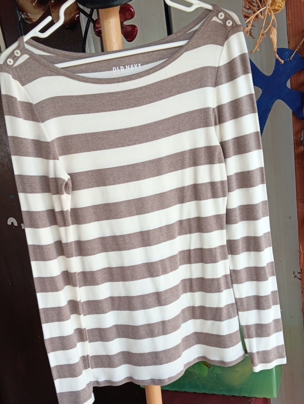 Old Navy Striped Boatneck Long Sleeve Top in Brown and Cream